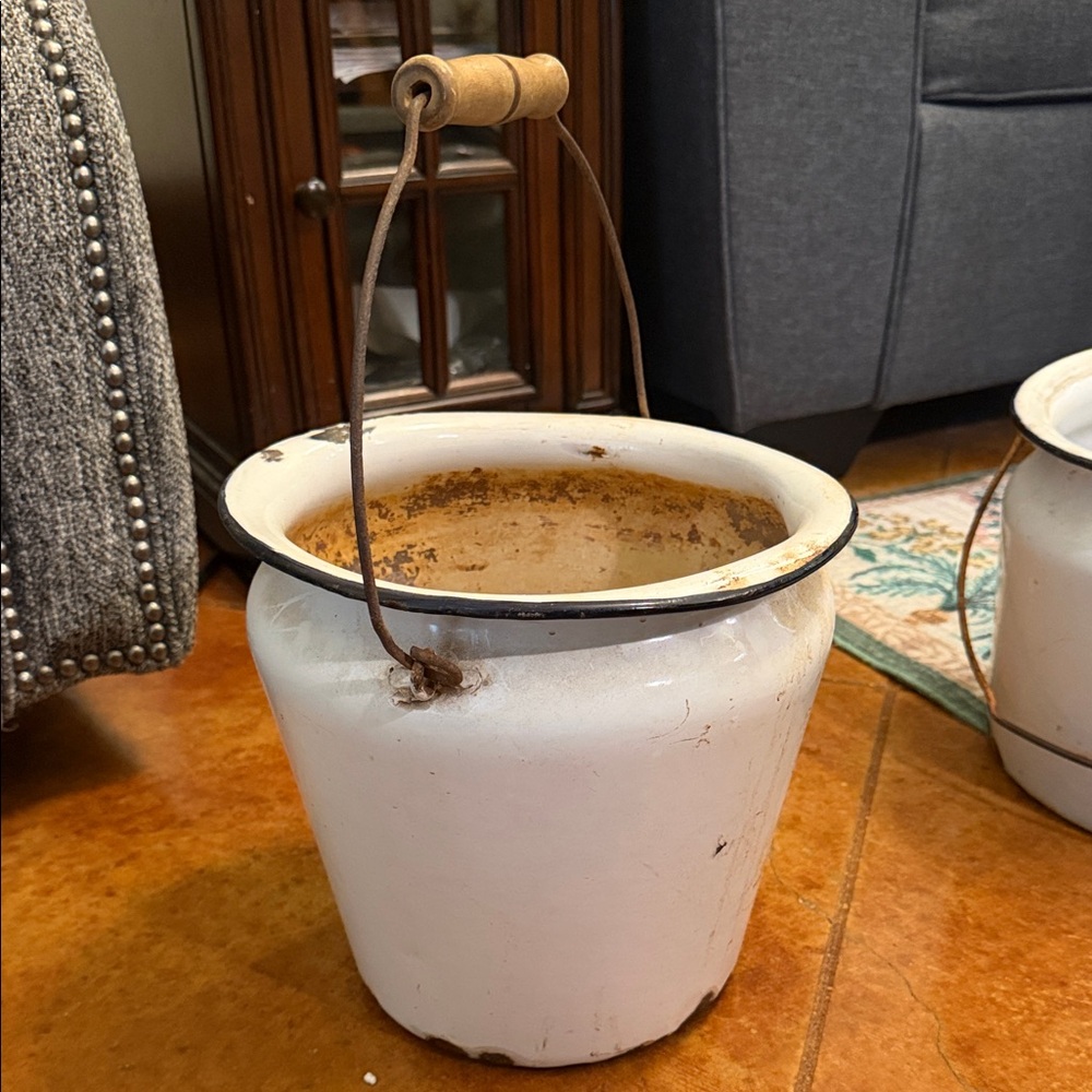 Vintage White Enamel Bucket with Wooden Handle